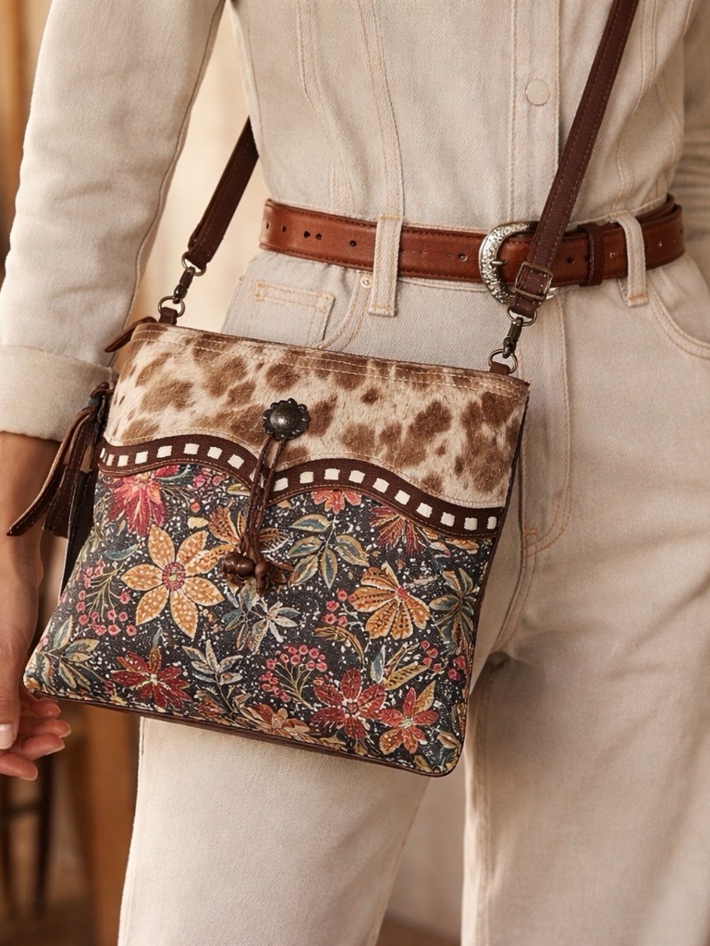 Myra Cowhide Crossbody Bag Western Boho Floral Leather Tassel Purse Cowgirl